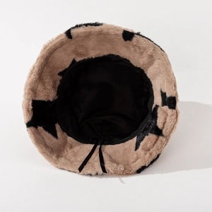 Star pattern faux fur bucket hat in khaki with adjustable inner drawstring lining