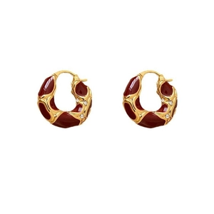 Lava red enamel hoop earrings in gold with sparkling rhinestone accents for women