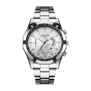 Detail of ORUS 1853 chronograph watch with silver bezel and white dial on white background