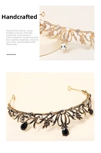 Detailed view of hollowed metal bridal crowns with white pearls and black gems
