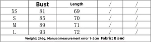 Größentabelle für süßes Tüll-Minikleid mit Details zu Brustumfang und Länge in Zentimetern