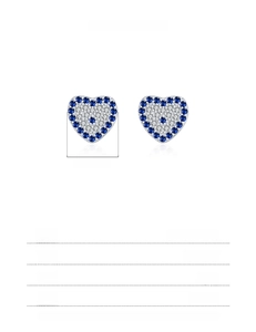 Detailed size chart for 925 sterling silver heart earrings with blue and clear stones