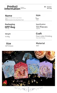 Macro view of PET floral stickers with gold foil details and elegant packaging textures