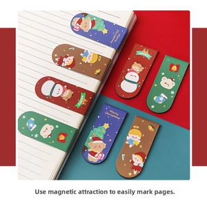 Detail of Christmas cartoon magnetic bookmarks with festive patterns and double-sided design