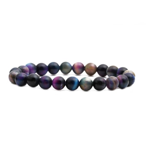 Multicolor tiger eye beaded bracelet featuring natural chatoyancy effect on white background