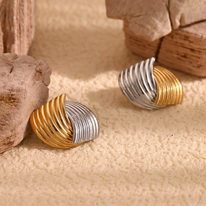 Macro view of two-tone geometric earrings with shell pattern and gold and silver finish