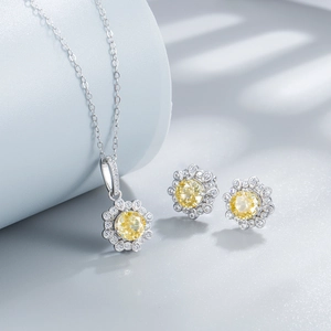 S925 sterling silver jewelry set featuring yellow sunflower necklaces and stud earrings