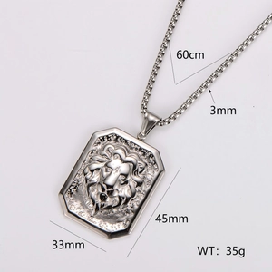 Polished silver lion head square pendant necklace in stainless steel for men
