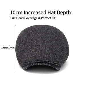 Dark grey wool blend flat cap with deep fit 10cm crown and classic tweed texture