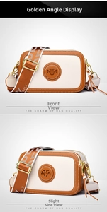 Detail of cream pebbled leather crossbody bag with brown trim and jacquard strap