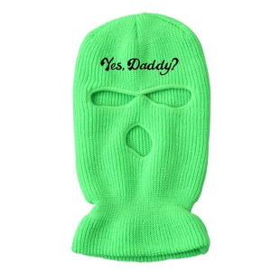 Neon green knitted 3-hole ski mask with Yes Daddy text embroidery for winter warmth