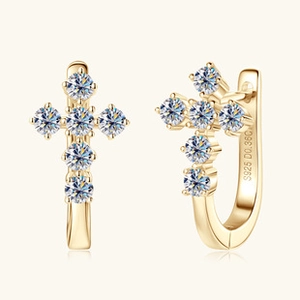 Detail of S925 sterling silver gold cross earrings with sparkling moissanite engraving