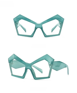 Detailed front and side views of stylish cyan polygonal cat eye glasses with anti-blue light lens