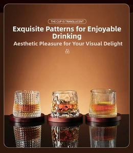 Detailed close-up of premium whiskey glass set with wood coasters on orange background