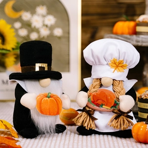 Harvest gnome plush couple holding pumpkin and turkey for Thanksgiving decor