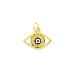 Macro view of gold-plated evil eye charm with enamel eye detail and zircon setting