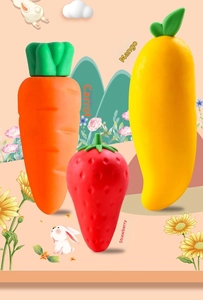 Detailed view of carrot, mango and strawberry shaped erasers in soft 3D textured silicone