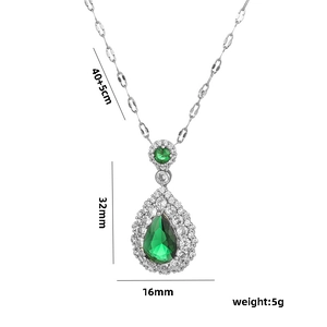 Detail of silver drop necklace with emerald zircon and precise size specifications
