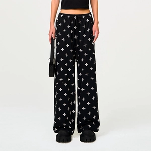 Damen Baumwolle Weites Bein Hose Kreuzblume All Over Print Lockerer Schnitt Freizeithose Streetwear Schwarz