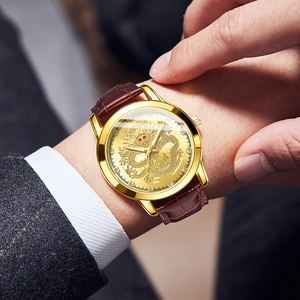 Men's luxury gold quartz watch with golden dragon dial and brown leather strap