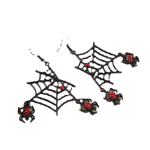 Gothic punk spider web earrings with red rhinestones and black alloy finish