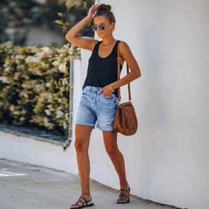 Women summer plus size ripped denim shorts and black sleeveless top outfit set