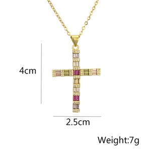 Detail view of 18K gold cross necklace with multicolored baguette zircon and measurements