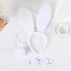 Three-piece set of white plush rabbit ears headband with matching tail and bowtie accessory