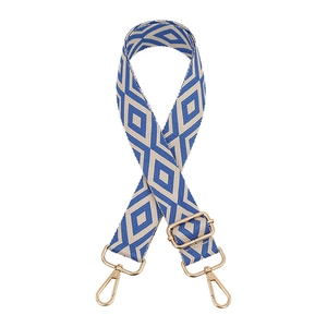 Adjustable blue and beige geometric diamond pattern crossbody strap with gold hooks