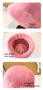 Détails en trois vues d'un chapeau cloche en fausse fourrure rose à bord large