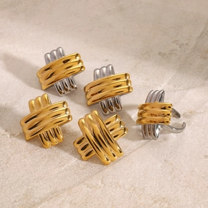 Minimalist 18K gold plated stainless steel X-shaped layered ring with adjustable band