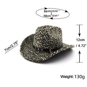 Leopard print fedora jazz hat with dimensions: 56-58cm circumference and 7cm wide brim