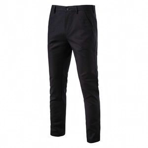 Detailed view of men's black linen casual trousers with breathable plain weave fabric texture