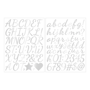 Detailed view of silver metallic alphabet and number stickers for DIY bottle decoration