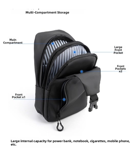 Detail of multi-compartment crossbody bag showing striped lining and interior storage