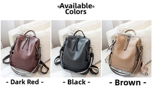 Three color options of soft leather backpacks in deep red, black, and khaki brown