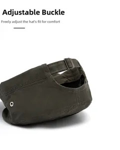 Detail of adjustable metal buckle on dark green cotton flat top army cap for custom fit