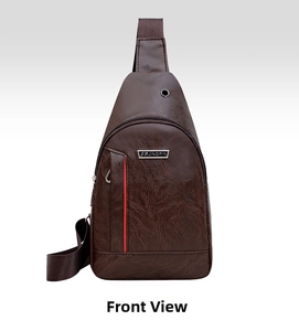 Detail of dark brown PU leather chest bag with Jingpin logo and headphone jack