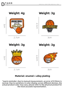 Detailed dimensions and weight specifications for enamel basketball crown lapel pins