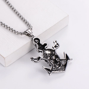 Vintage silver anchor and skull pendant necklace for men with punk gothic style