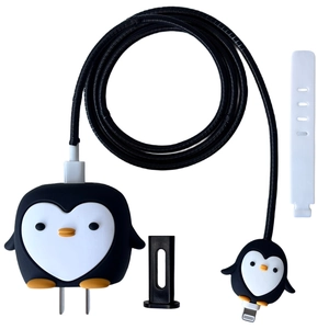 Detailed set of cartoon penguin charger protectors including cable wrap and ties