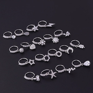 20G Silver teardrop zircon nose ring set with celestial moon and star pendants