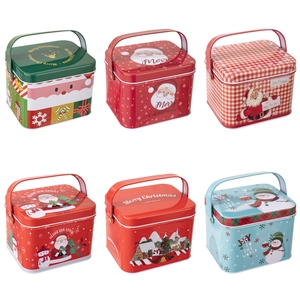 Christmas tin gift boxes with handles in six festive designs on white background