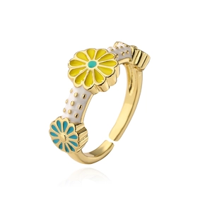 Bohemian gold plated flower open ring with blue and yellow enamel petals for women