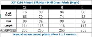 Size chart showing XS to L measurements for the mesh midi dress with sweet stripe patterns
