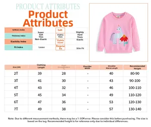 Tableau des tailles pour sweat-shirt fille rose à manches longues avec motif licorne