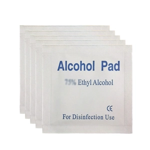 Five individual 75% alcohol pads for cleaning screens and jewelry on a white background
