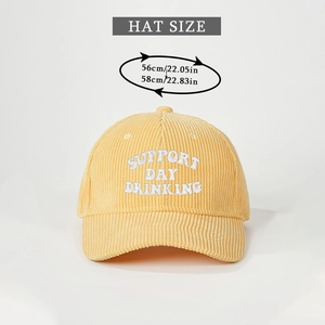 Detailed view of yellow corduroy cap embroidery with support day drinking text