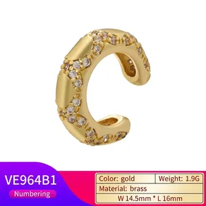 Vintage gold plated C-shaped ear cuff with pave white zircon on brass base, 14.5x16mm