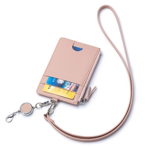 Pink lychee grain leather ID card holder with retractable lanyard and zipper pocket